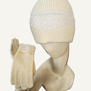 Ribbed Knit Hat with Lace Embellishment